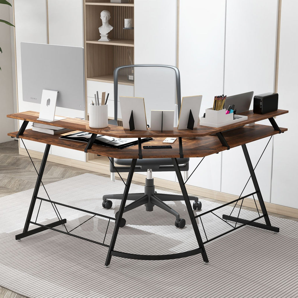 L-Shaped Computer Desk with Power Outlet and Monitor Stand