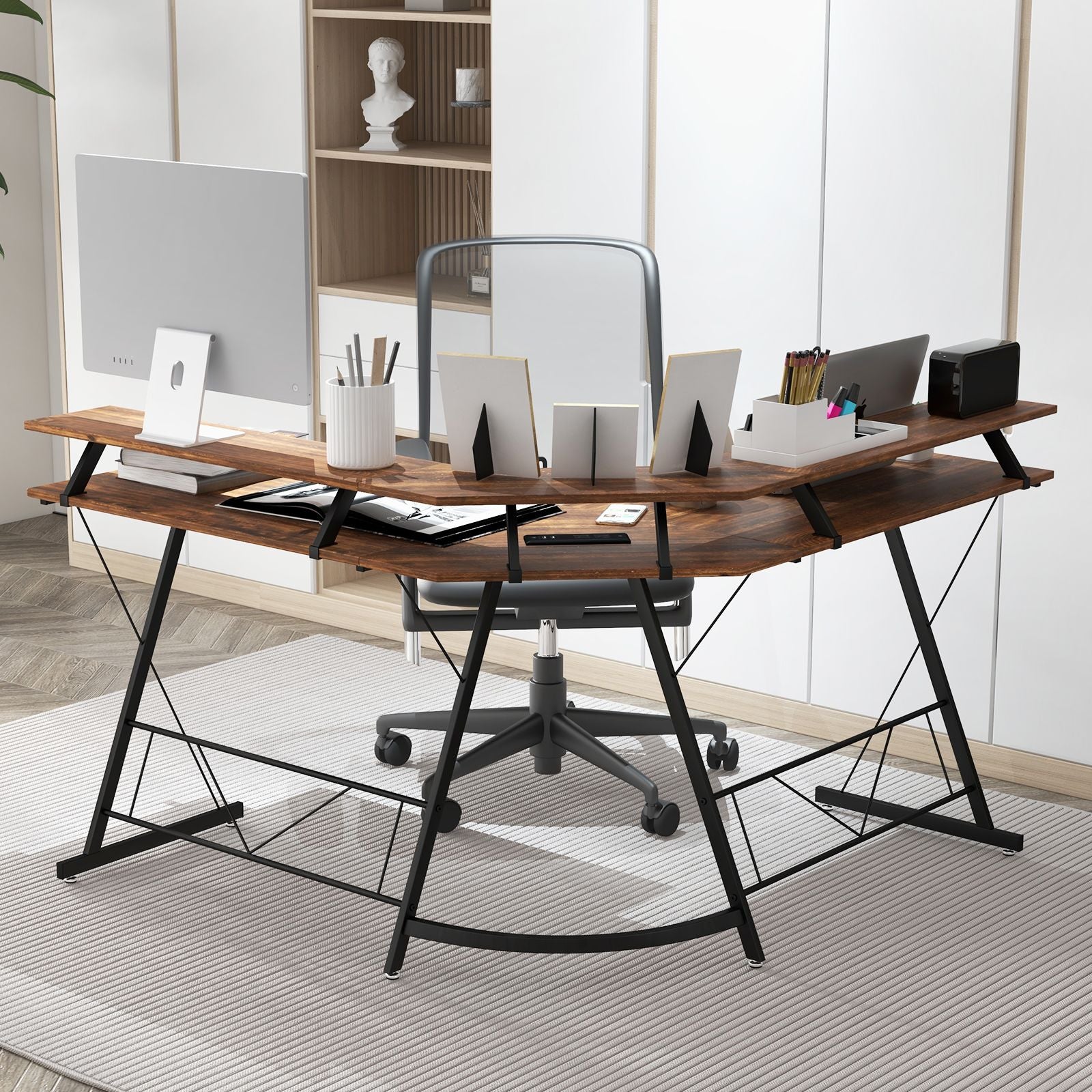 L-Shaped Computer Desk with Power Outlet and Monitor Stand