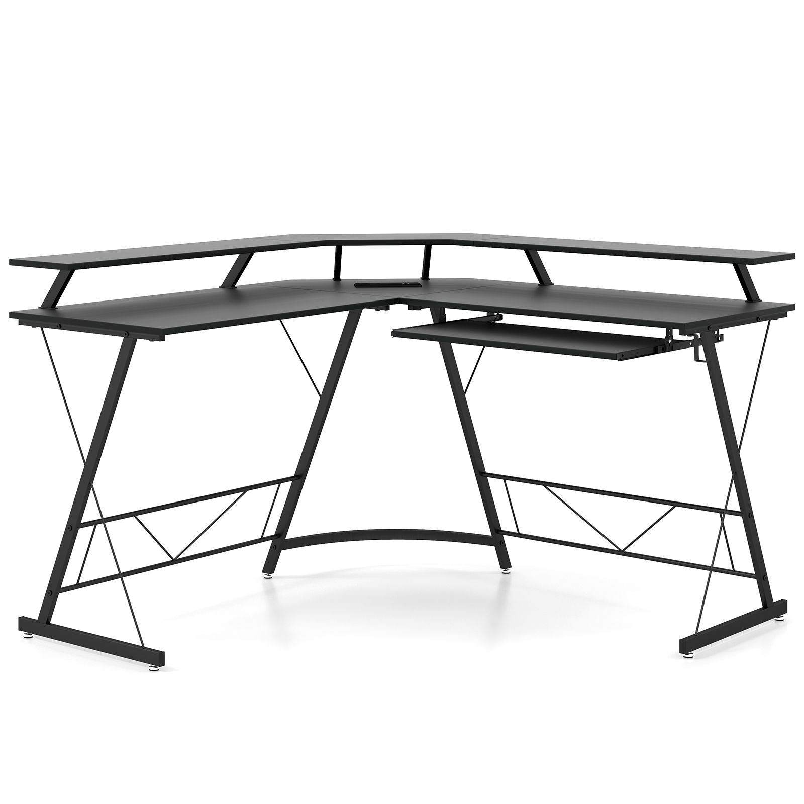 L-Shaped Computer Desk with Power Outlet and Monitor Stand