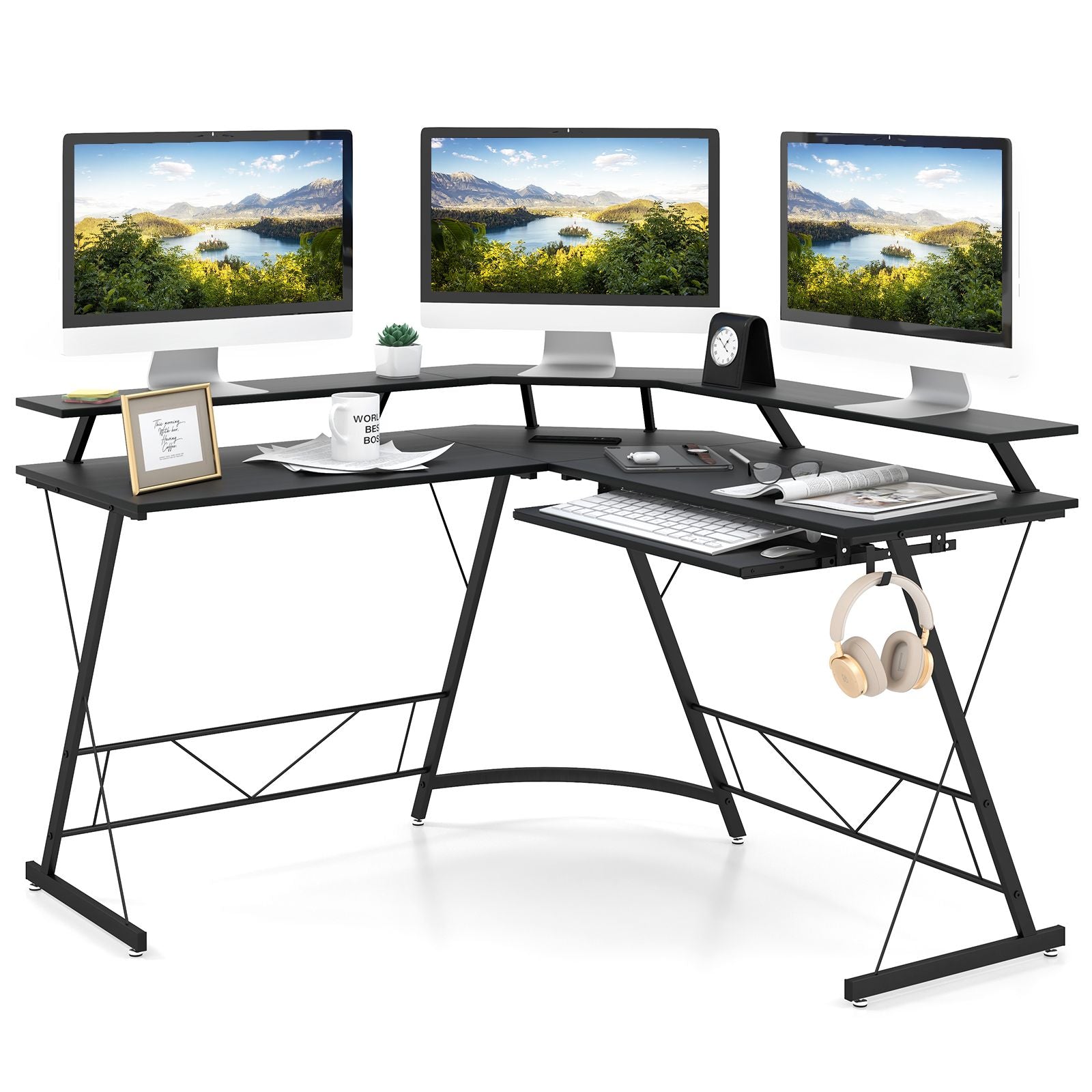 L-Shaped Computer Desk with Power Outlet and Monitor Stand