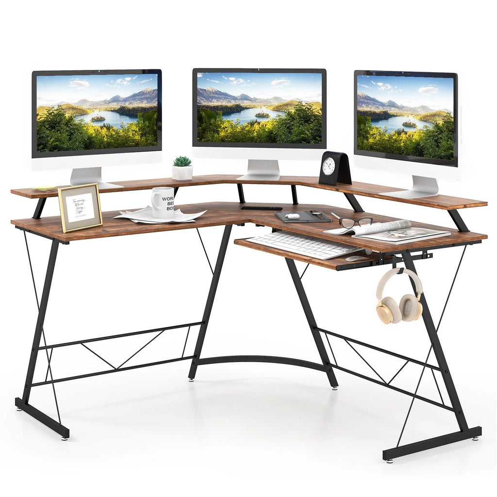 L-Shaped Computer Desk with Power Outlet and Monitor Stand