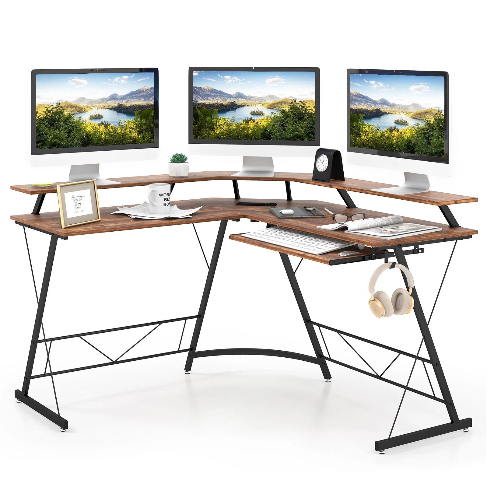 L-Shaped Computer Desk with Power Outlet and Monitor Stand