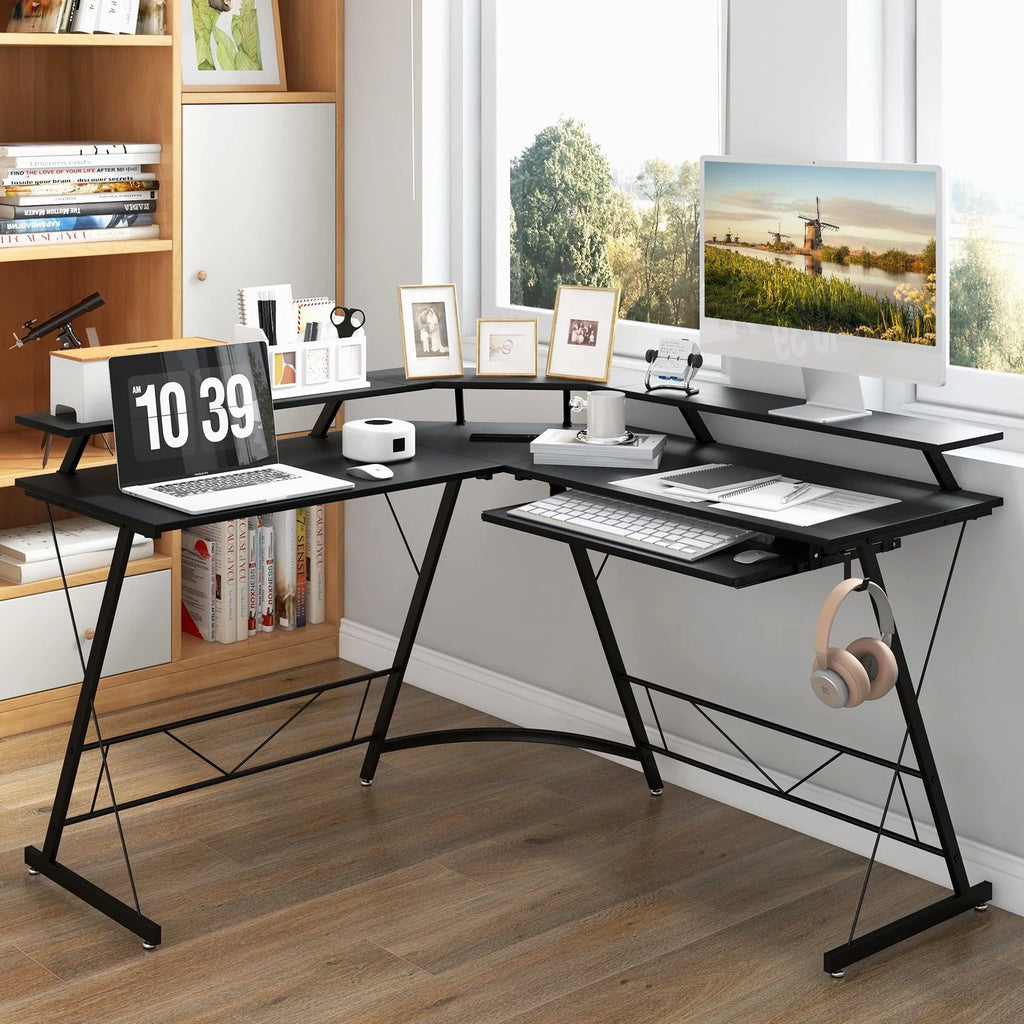 L-Shaped Computer Desk with Power Outlet and Monitor Stand