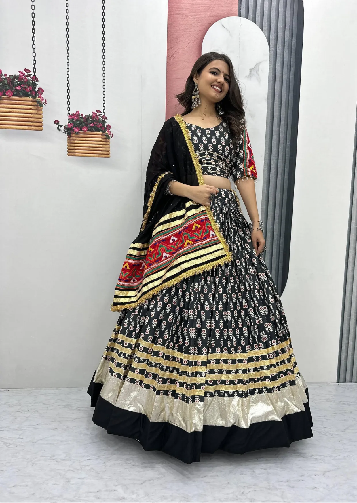 Gamathi Ribbon Work Riyon Cotton Lehenga Choli Set