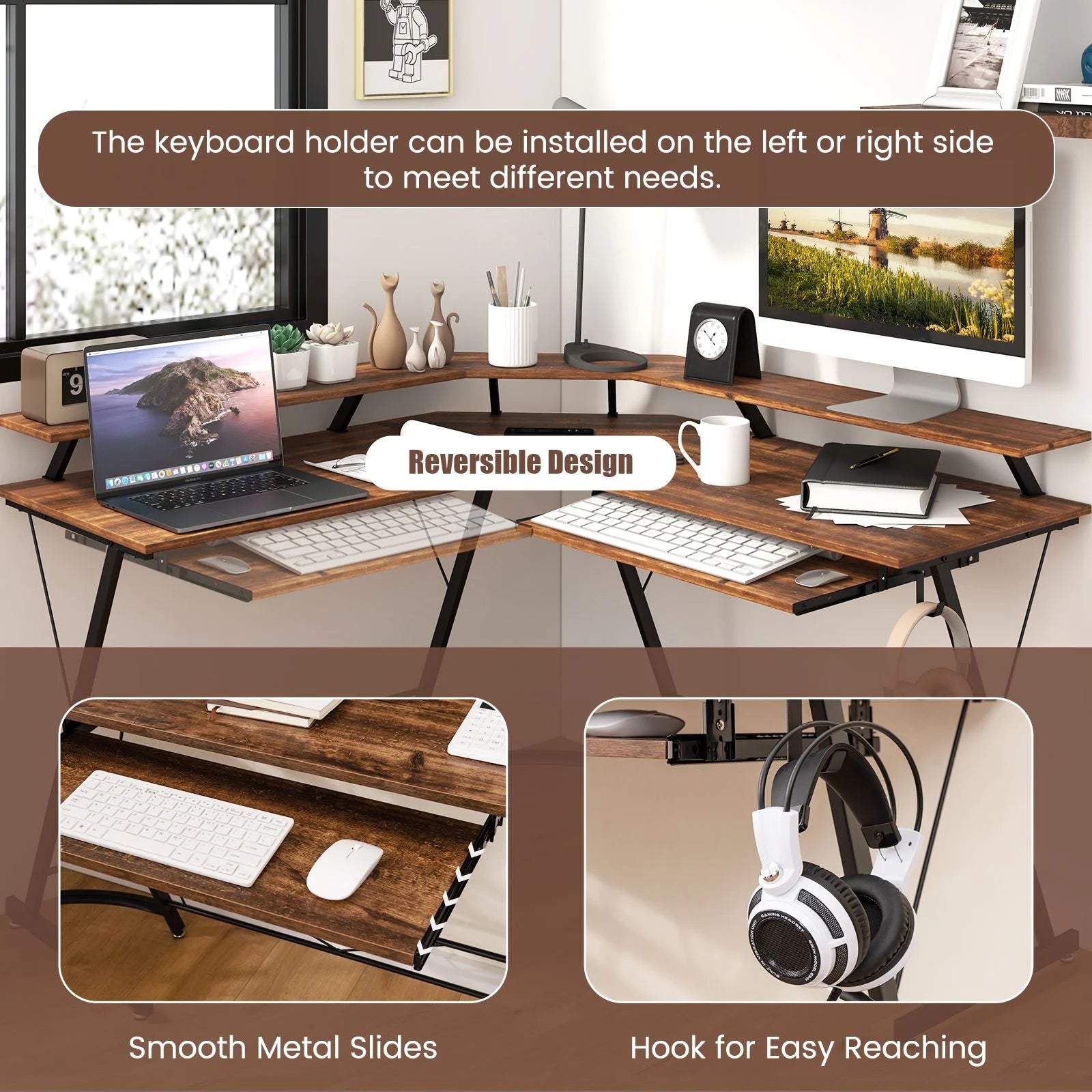 L-Shaped Computer Desk with Power Outlet and Monitor Stand