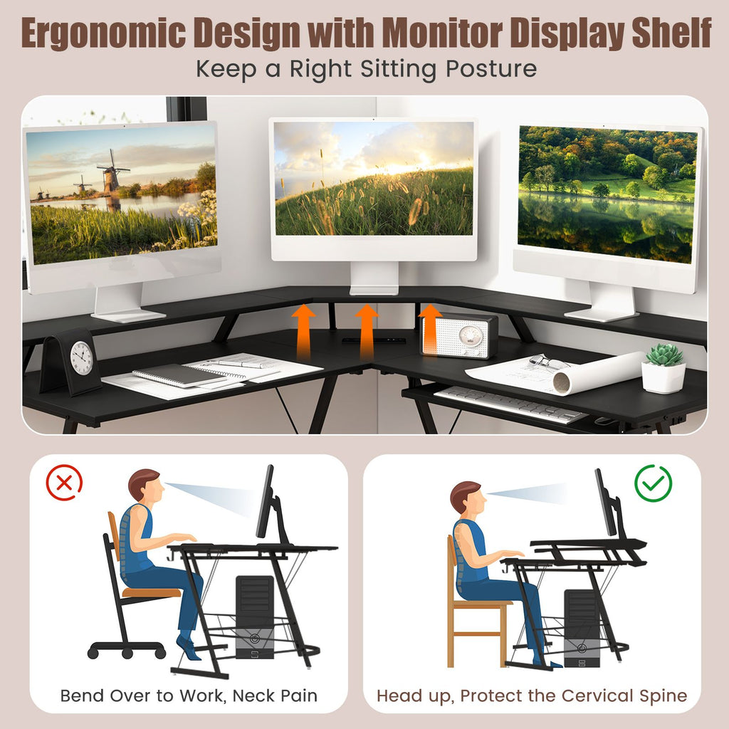 L-Shaped Computer Desk with Power Outlet and Monitor Stand