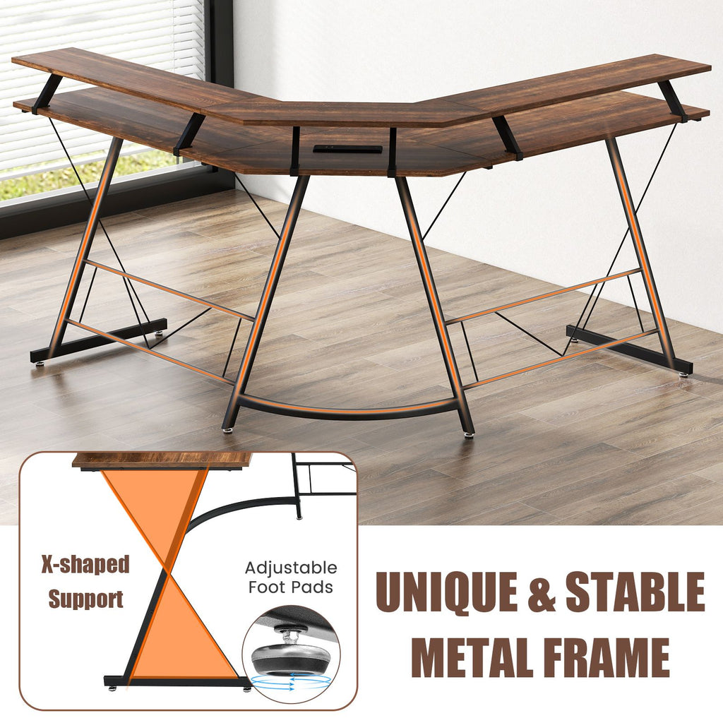 L-Shaped Computer Desk with Power Outlet and Monitor Stand