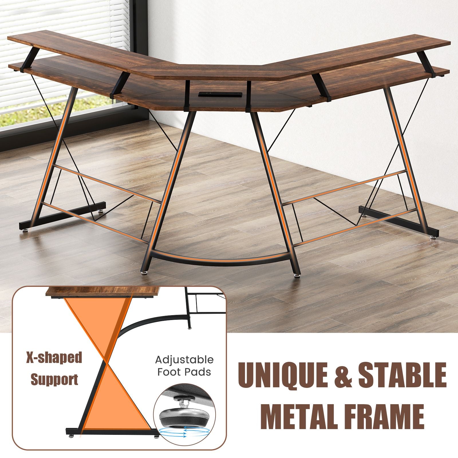 L-Shaped Computer Desk with Power Outlet and Monitor Stand