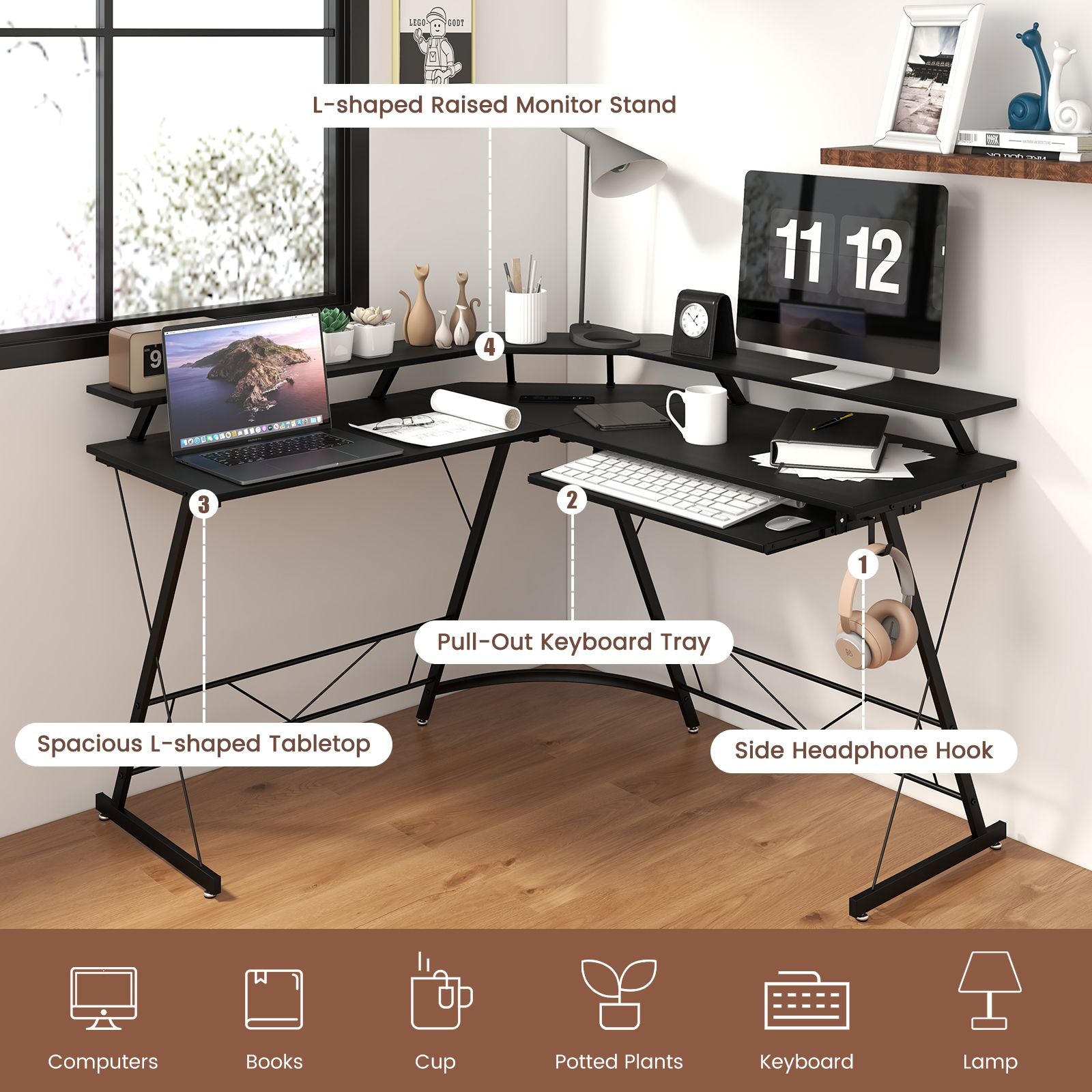L-Shaped Computer Desk with Power Outlet and Monitor Stand