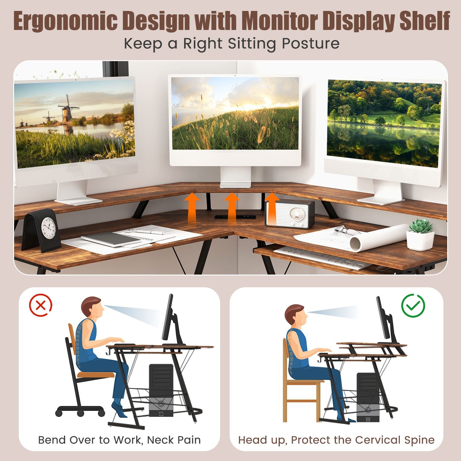 L-Shaped Computer Desk with Power Outlet and Monitor Stand
