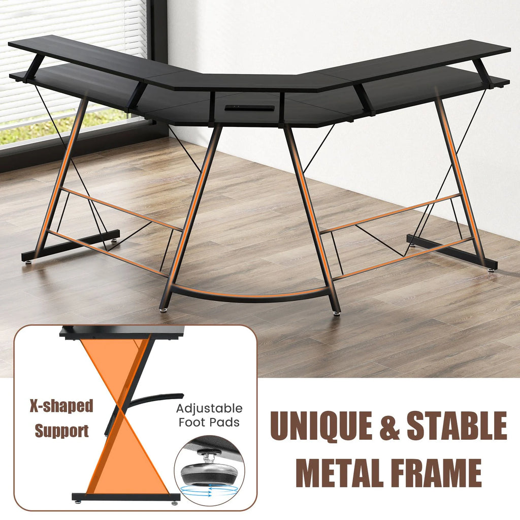 L-Shaped Computer Desk with Power Outlet and Monitor Stand