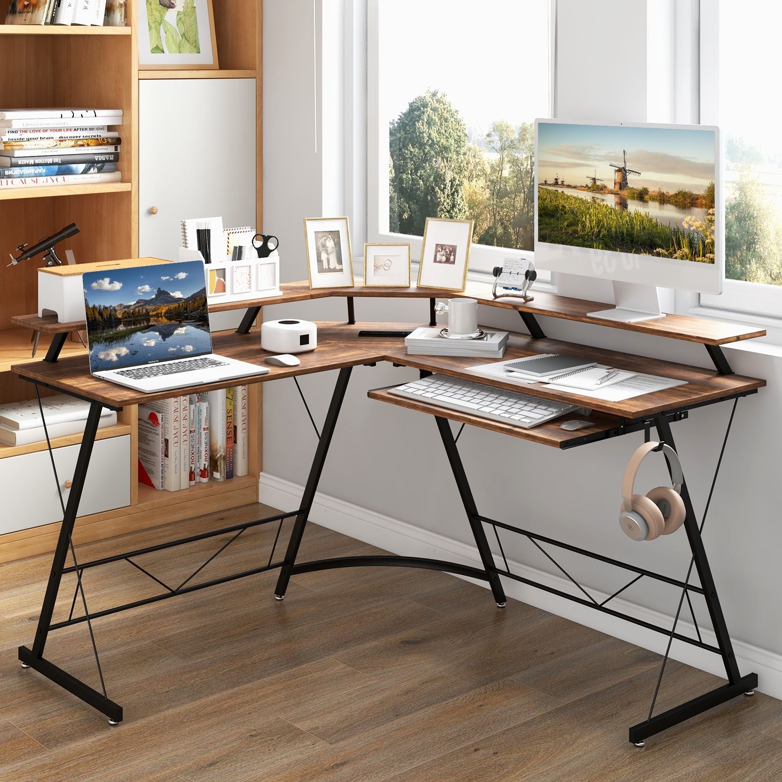 L-Shaped Computer Desk with Power Outlet and Monitor Stand