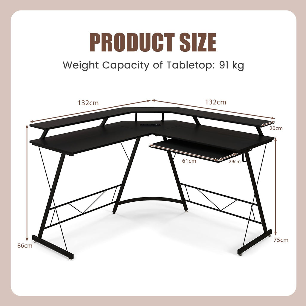 L-Shaped Computer Desk with Power Outlet and Monitor Stand