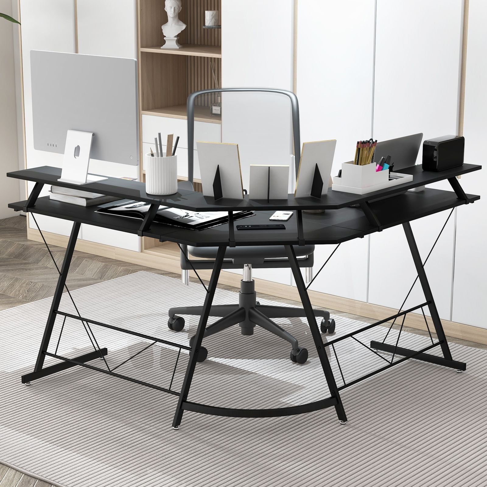 L-Shaped Computer Desk with Power Outlet and Monitor Stand