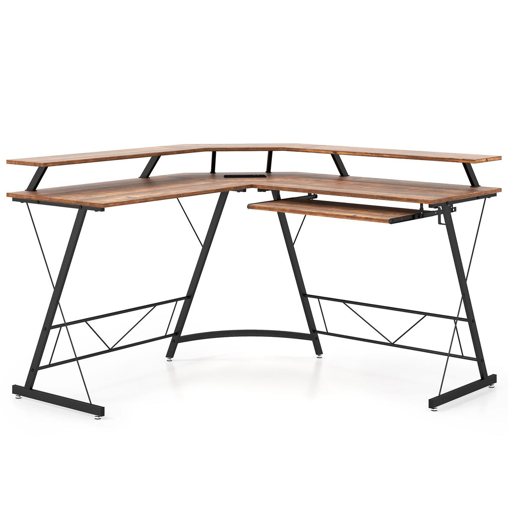 L-Shaped Computer Desk with Power Outlet and Monitor Stand