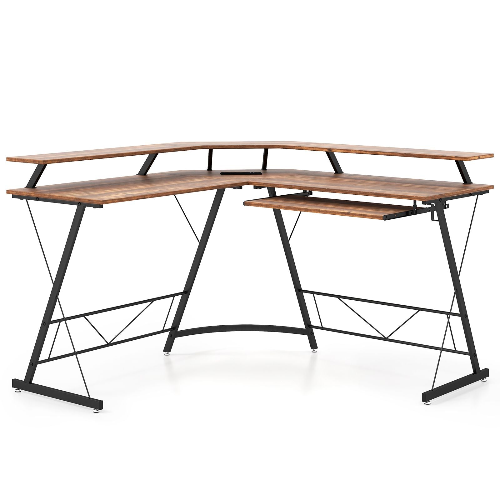L-Shaped Computer Desk with Power Outlet and Monitor Stand