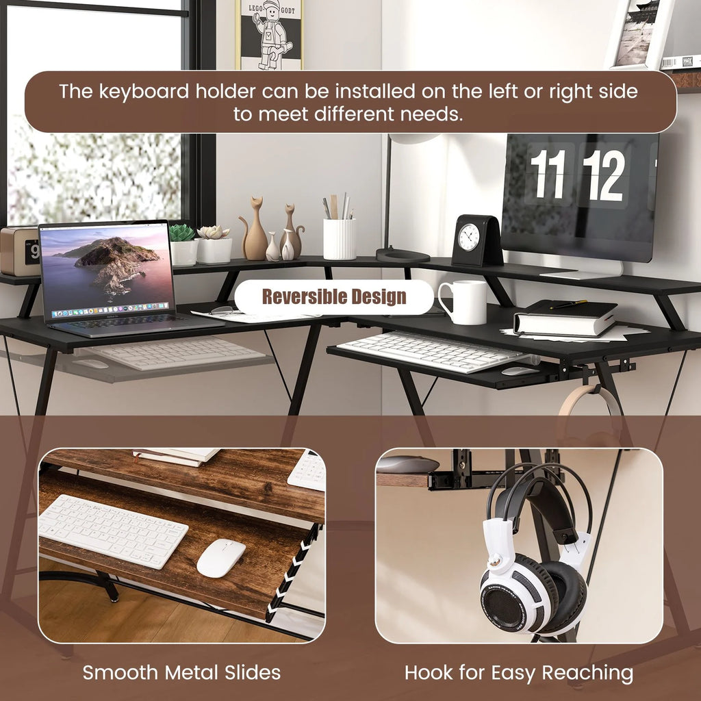 L-Shaped Computer Desk with Power Outlet and Monitor Stand