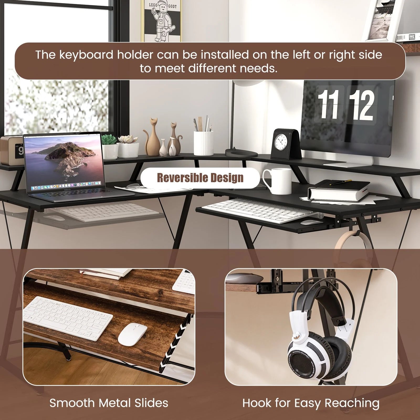 L-Shaped Computer Desk with Power Outlet and Monitor Stand