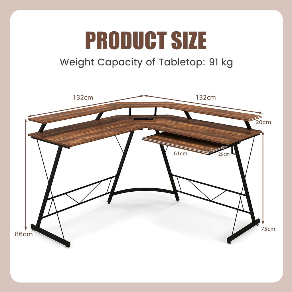 L-Shaped Computer Desk with Power Outlet and Monitor Stand