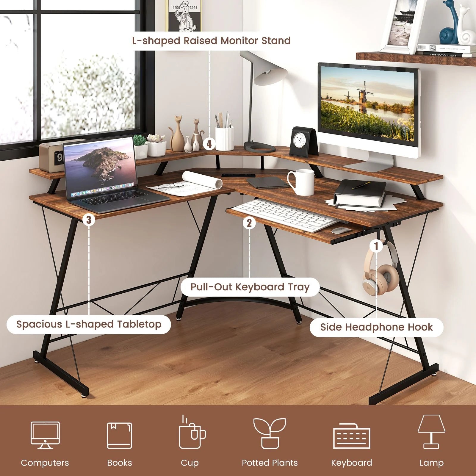 L-Shaped Computer Desk with Power Outlet and Monitor Stand